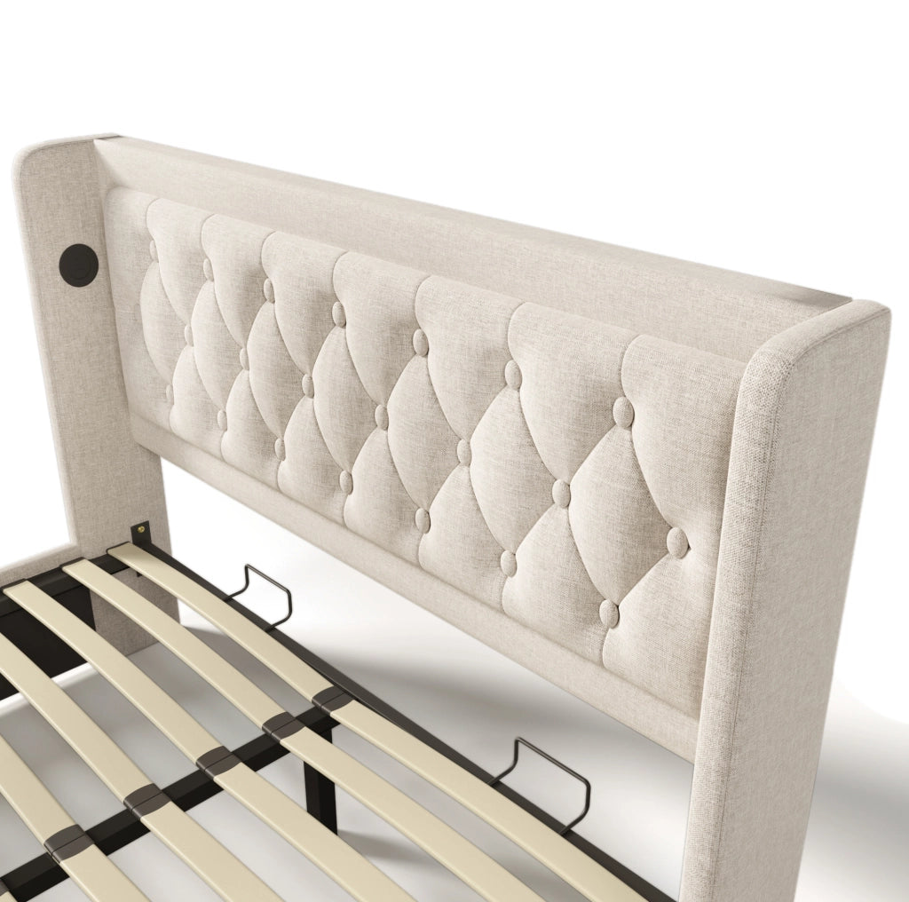 Letto matrimoniale imbottito 160x200 cm in cotone beige con contenitore; USB Type-C e LED