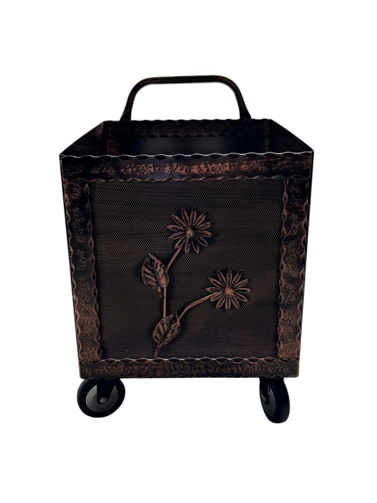 Porta Legna a Carrello in Ferro Battuto, 42x37x72 cm, con Ruote, per Camino e Stufa, Motivo floreale Rame