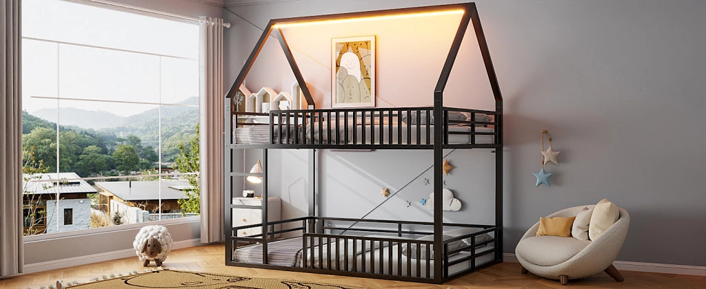 DESMIU Lit a castello bambini 140 × 200 cm con LED, sponda di sicurezza, senza materasso, in metallo, nero