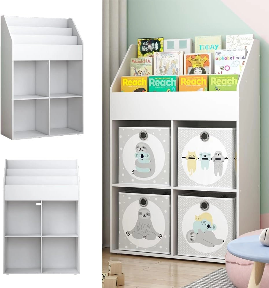 Libreria bambini Conny, Bianco, 72 x 111 cm con 4 ripiani per scatole pieghevoli, adatto per riporre giocattoli e libri