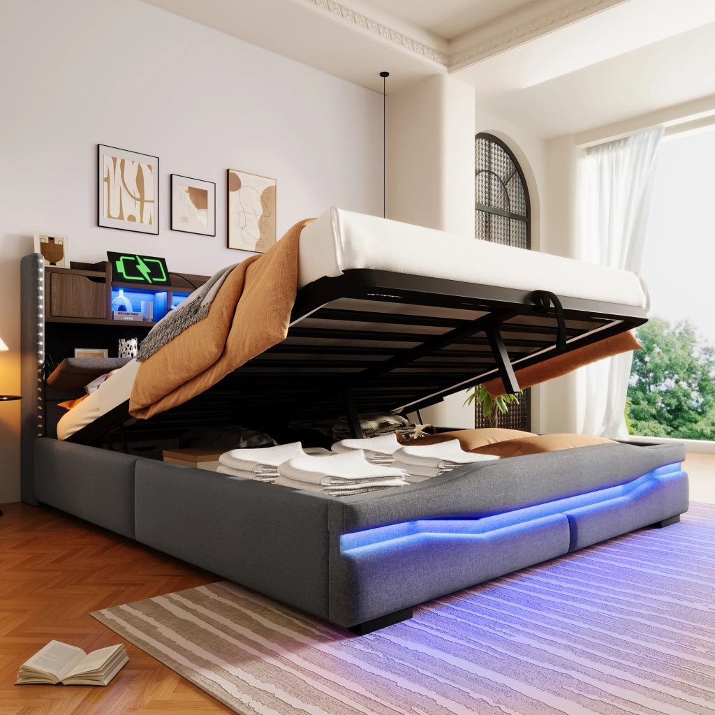 DESMIU Letto contenitore 160 × 200 cm 2 posti con LED, USB e Type-C, senza materasso, in lino e MDF, grigio
