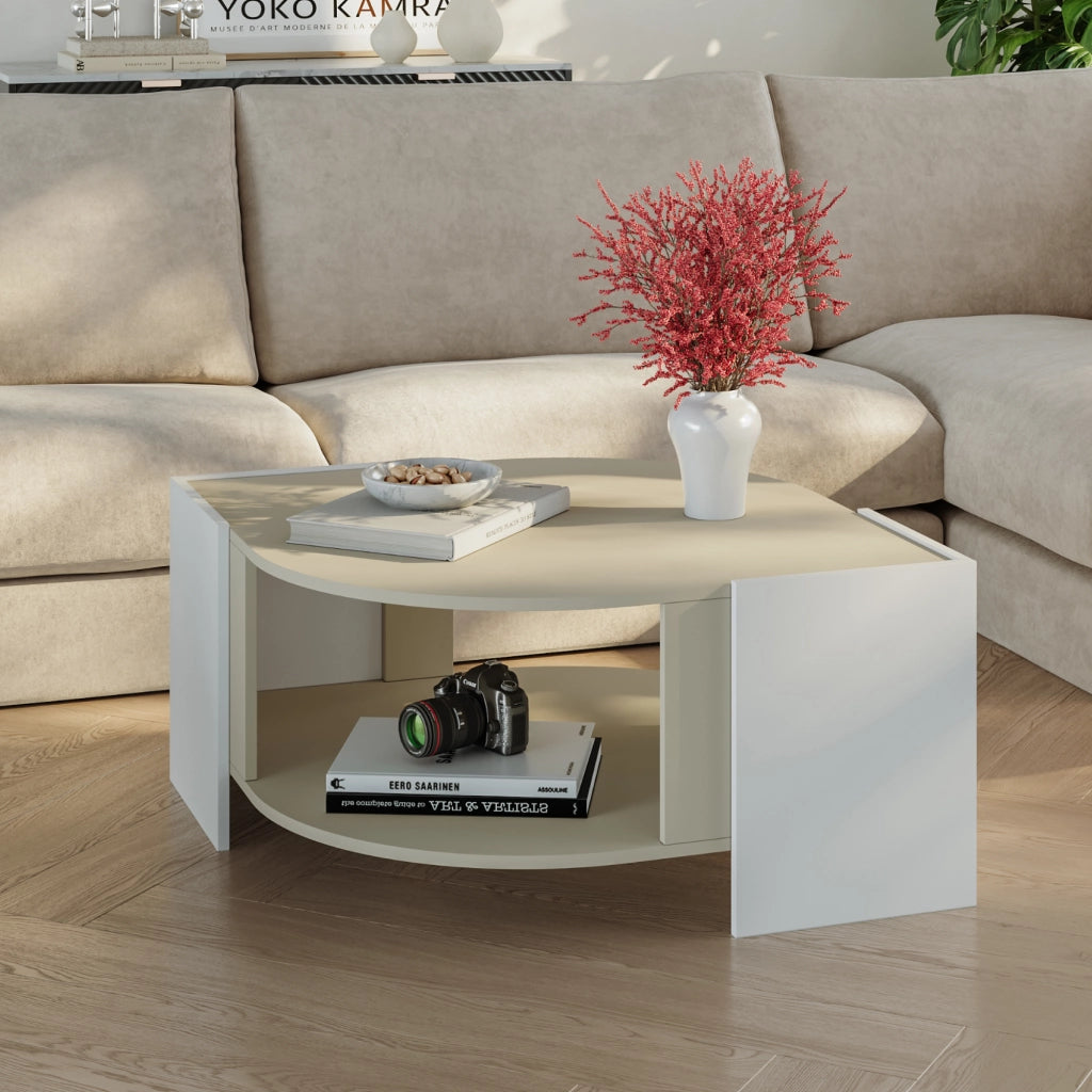 Tavolino Centrale da Salotto Klipsari con Piano Curvo 75 x 75 x 40 cm - Bianco / Color Avena Oatmeal [en.casa]
