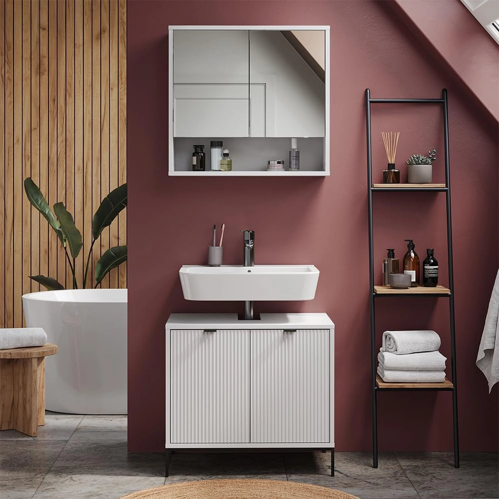 Set di mobili da bagno Eliza, Bianco, 70 cm, composto da specchio da bagno e mobile sottolavabo
