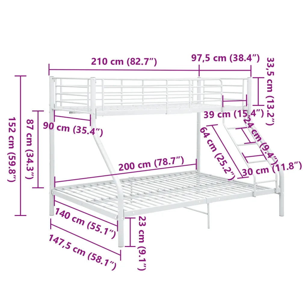 Letto a Castello Bianco in Metallo 140x200 cm/90x200 cm