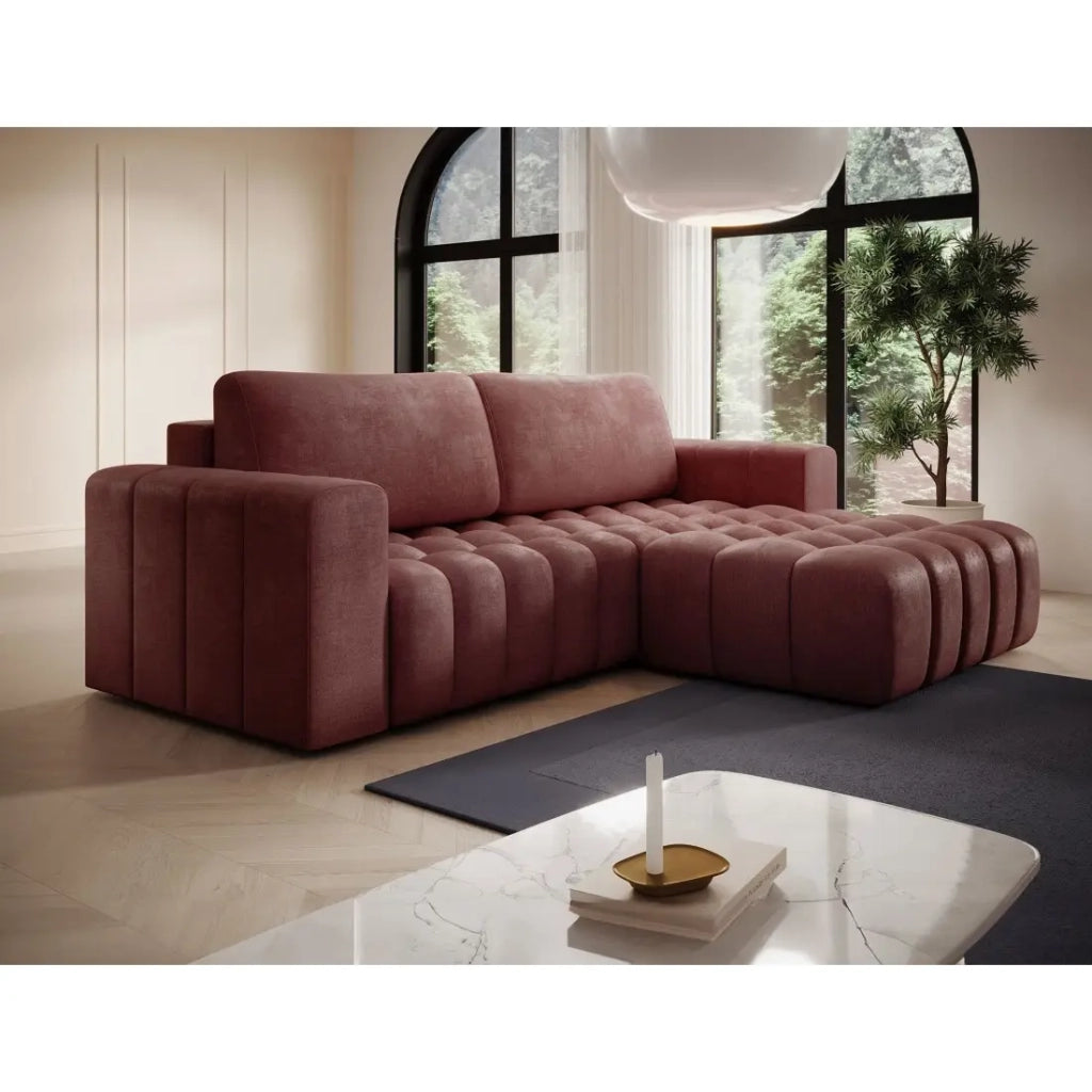 Divano angolare trasformabile DORY rosa 250 cm con vano contenitore angolo destro