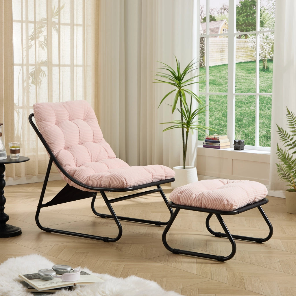 Poltrona reclinabile per terrazzo con poggiapiedi e pouf integrati cuscini soffici telaio nero finitura rosa elegante per interni e spazi esterni domestici
