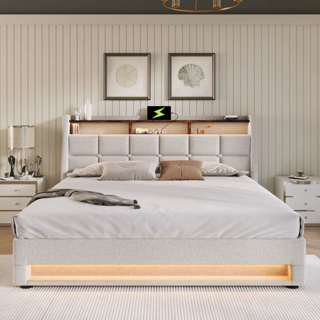 Letti contenitori 140x200 cm; LED e USB; lino beige (Senza materasso)