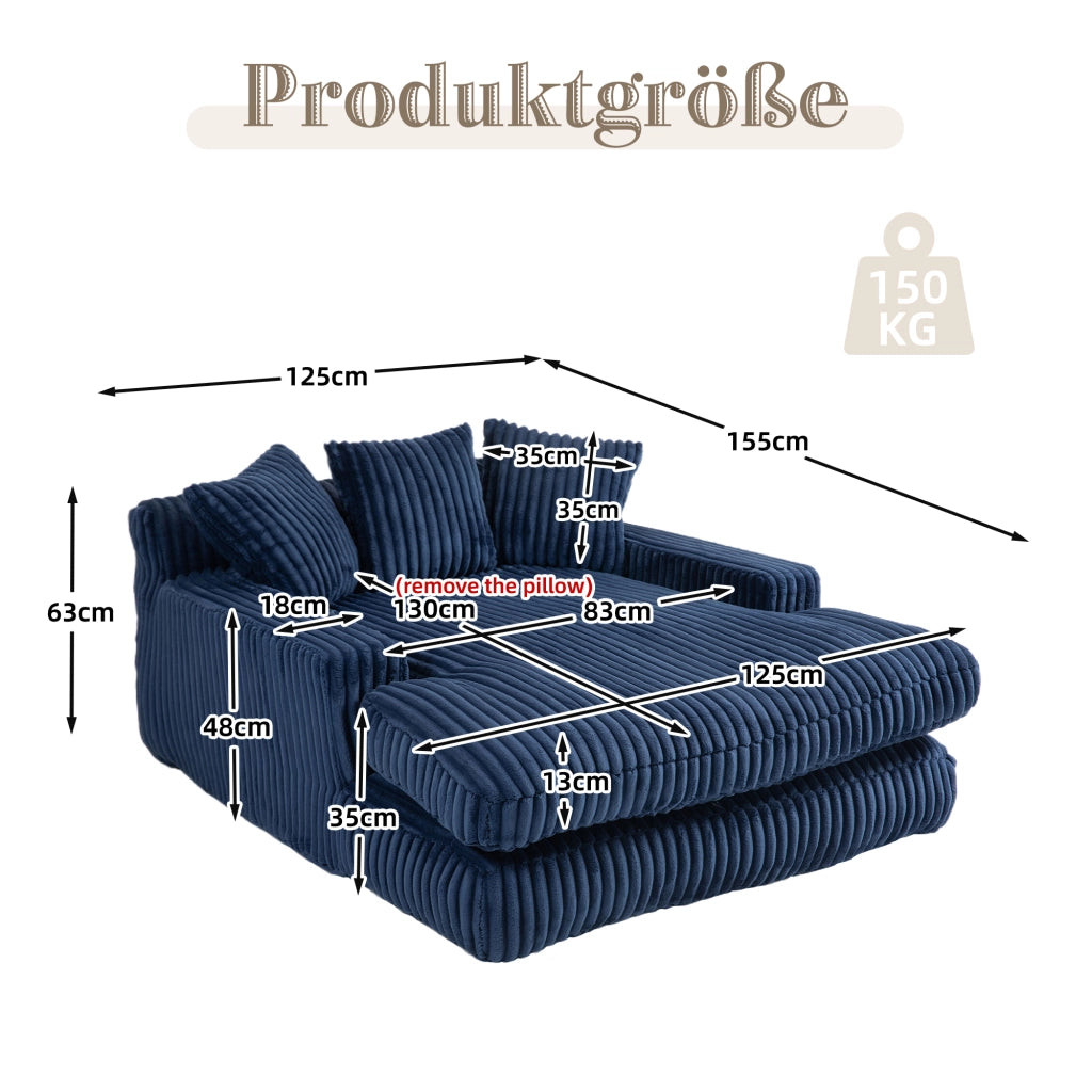 OKWISH Chaise Longue in Velluto a Coste, Design Ergonomico con 3 Cuscini e Seduta a Pavimento, Blu Navy 125 x 155 x 63 cm