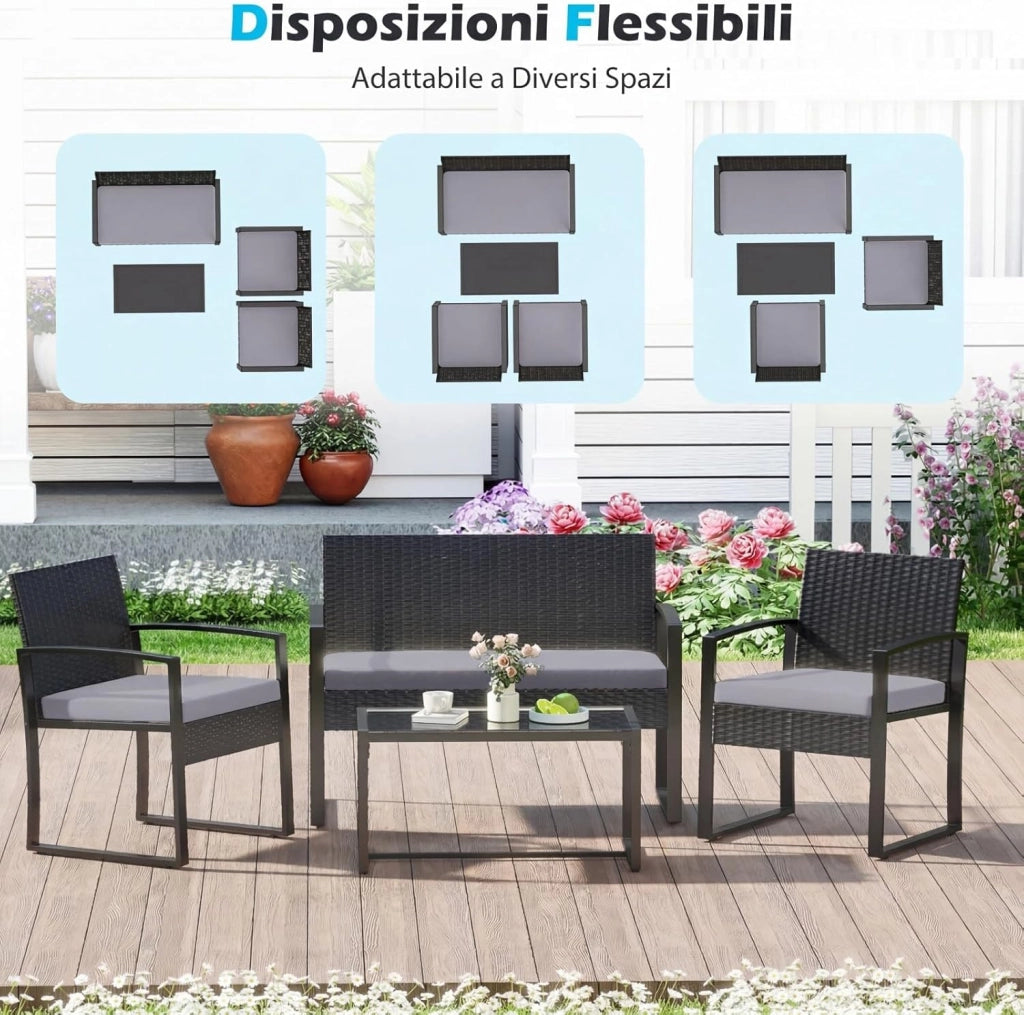Set Salotto da Giardino a 4 Pezzi, Divanetto in Rattan con 2 Poltrone Ergonomiche e Tavolino con Piano in Vetro Temperato, Set Mobili da Esterno con Cuscini per Balcone e Patio (Grigio)