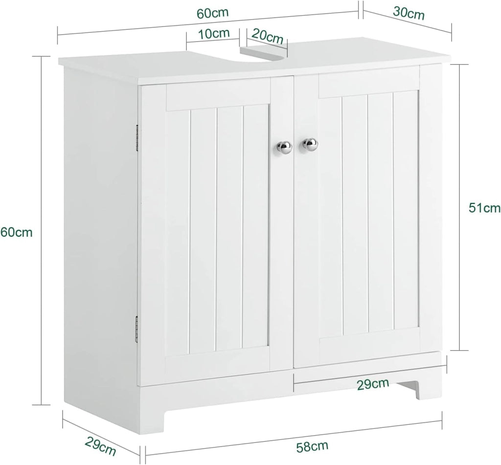 Mobile Bagno Sottolavabo – Mobiletto Bagno Salvaspazio con Ante e Ripiano Regolabile – Mobile sotto Lavabo da Bagno in MDF, Bianco, 60x60x29cm, BZR18-W