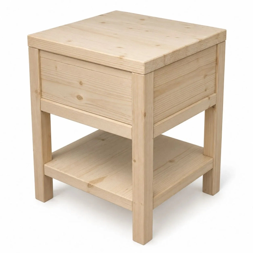 Comodino 1 cassetto 1 ripiano legno massello abete grezzo 45x38x60 (3304) - Mobili 2G