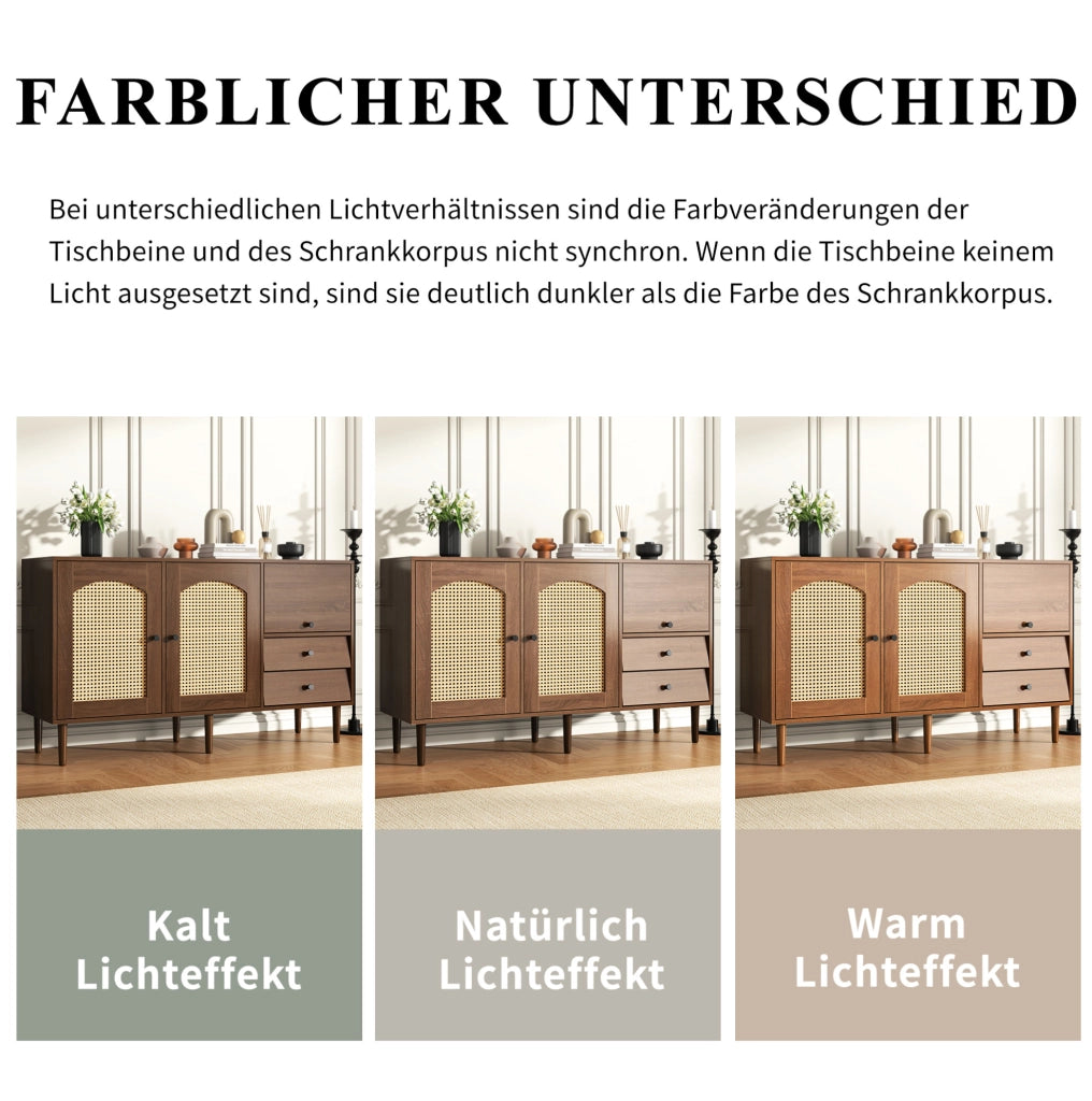 Credenza country con ante in rattan, 130x40x75,5 cm