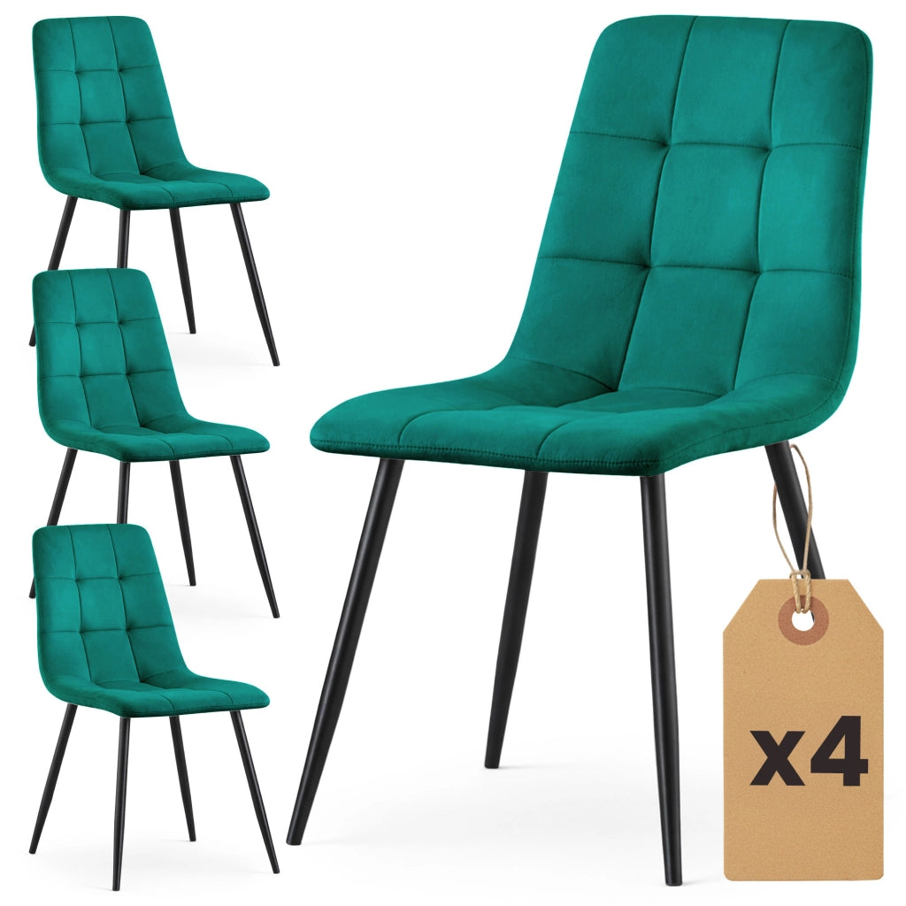 Set di 4 Sedie in velluto trapuntate NERO Verde Bottiglia gambe nere