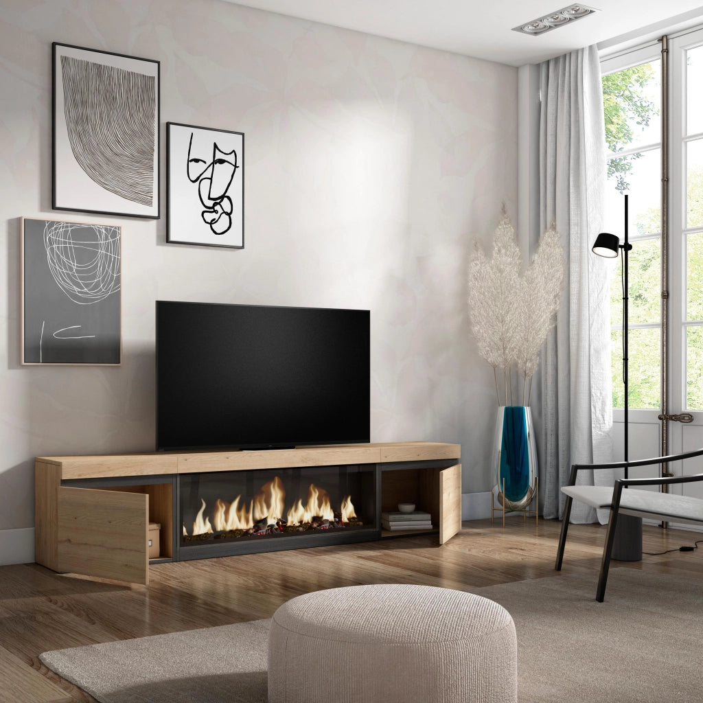 Mobile TV Soggiorno, 208x35x45cm, Per TV fino a 80", Camino elettrico XXL, colore Rovere RF3274