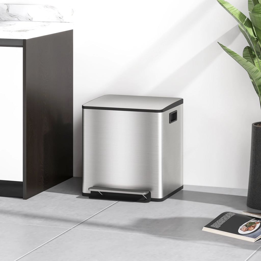 Bidone Immondizia a 2 Sezioni con Coperchio Silenzioso ¨C zephmum ¨C Acciaio Inox e PP, 41.8x36.7x44 cm