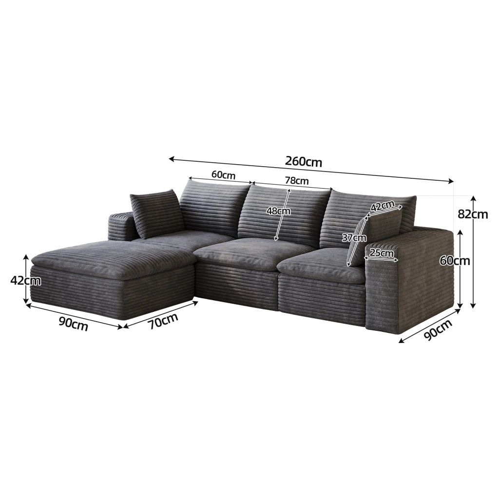 Divano Cloud 260 cm ¨C MINIMAL ¨C Velluto a coste grigio scuro, imbottito, senza montaggio