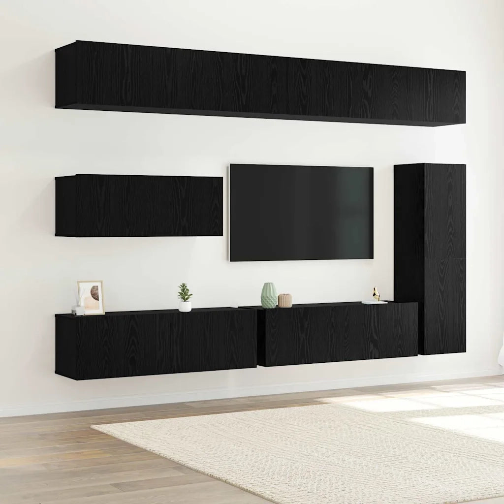 Set mobile TV 7 pz-Credenza per TV Rovere Nero Legno multistrato 887536