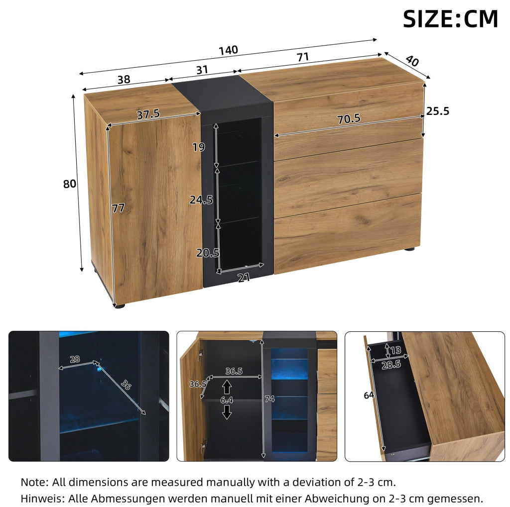 Credenza 140x40x80 cm in truciolato marrone e nero， LED APP， 2 colli