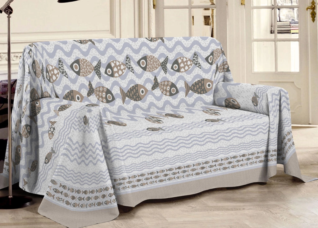 Telo Arredo Multiuso Linea Pensieri Delicati In Cotone Disegno Pesciolini - Matrimoniale - Beige