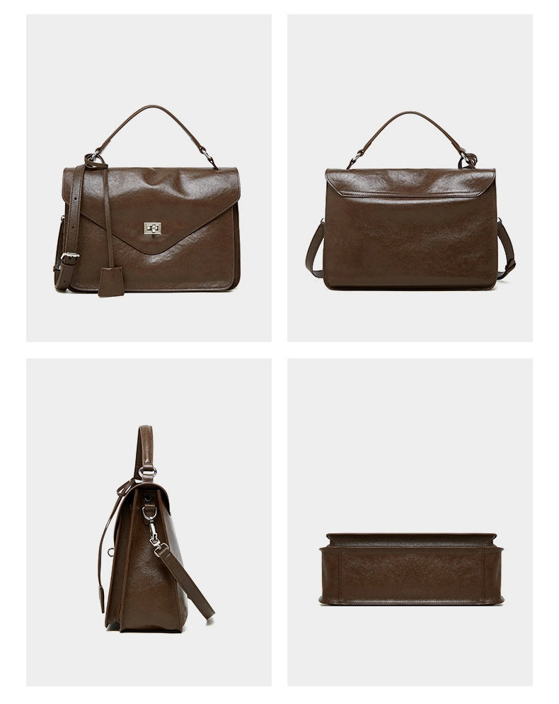 Borsa a mano media da donna in vera pelle, marrone.