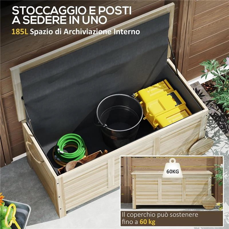 BAULE DA ESTERNO 185 L 2 RUOTE CON TELO INTERNO E COPERCHIO IN LEGNO DI ABETE 110X50X50 CM COLOR LEGNO