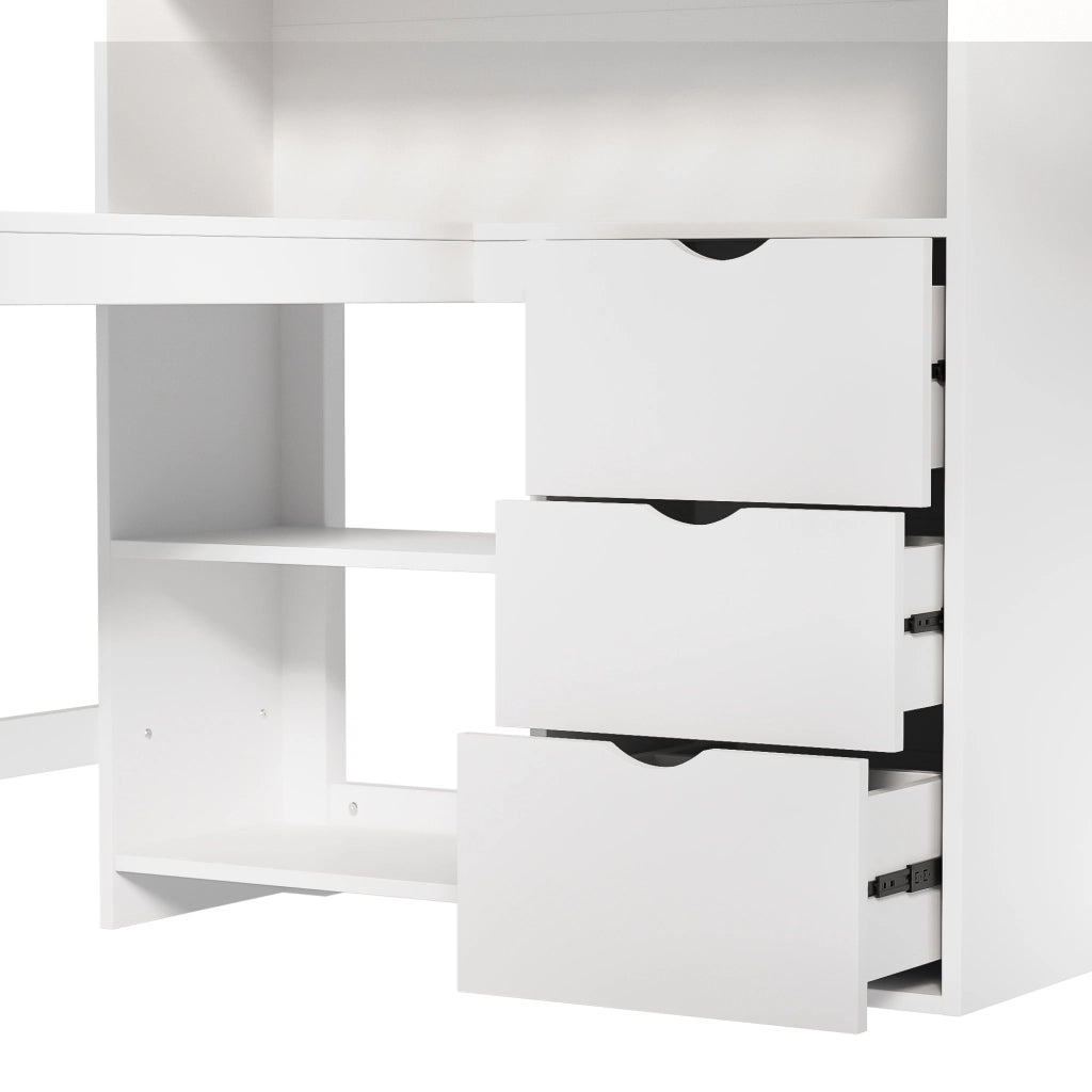 Hochbett bianco in pino con scrivania e 3 cassetti 140x200 cm