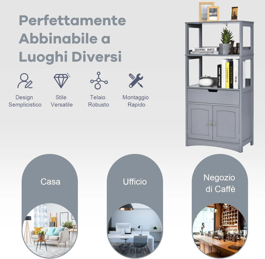 Armadietto del bagno con cassetto e mensola, armadio con 2 mensole aperte e 2 ante, armadietto per cucina, ingresso, salone e camera da letto, armadietto in legno (Grigio)
