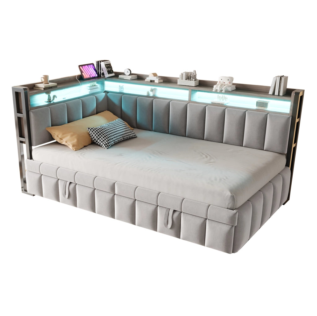Divano letto multifunzione 90x200 cm in velluto grigio con letto estraibile; LED e USB