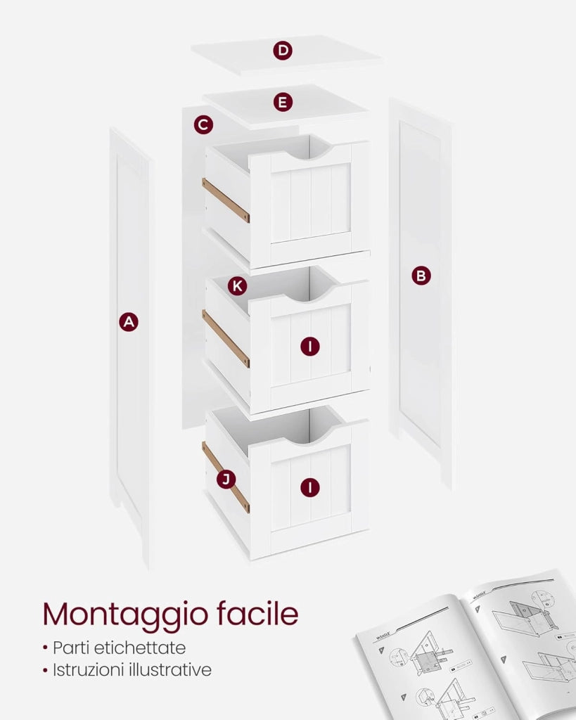 VASAGLE Armadietto bagno 3 cassetti 30x32x81 cm bagno soggiorno sala sala da pranzo cucina moderno bianco opaco BBC50WT