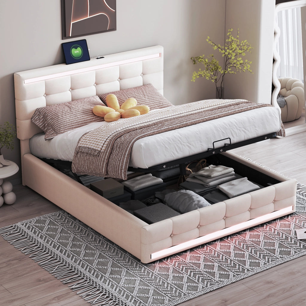 Letto imbottito con LED, 2 USB, contenitore e testiera regolabile, 140x200 cm, lino beige