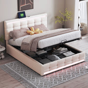 Letto imbottito con LED, 2 USB, contenitore e testiera regolabile, 140x200 cm, lino beige