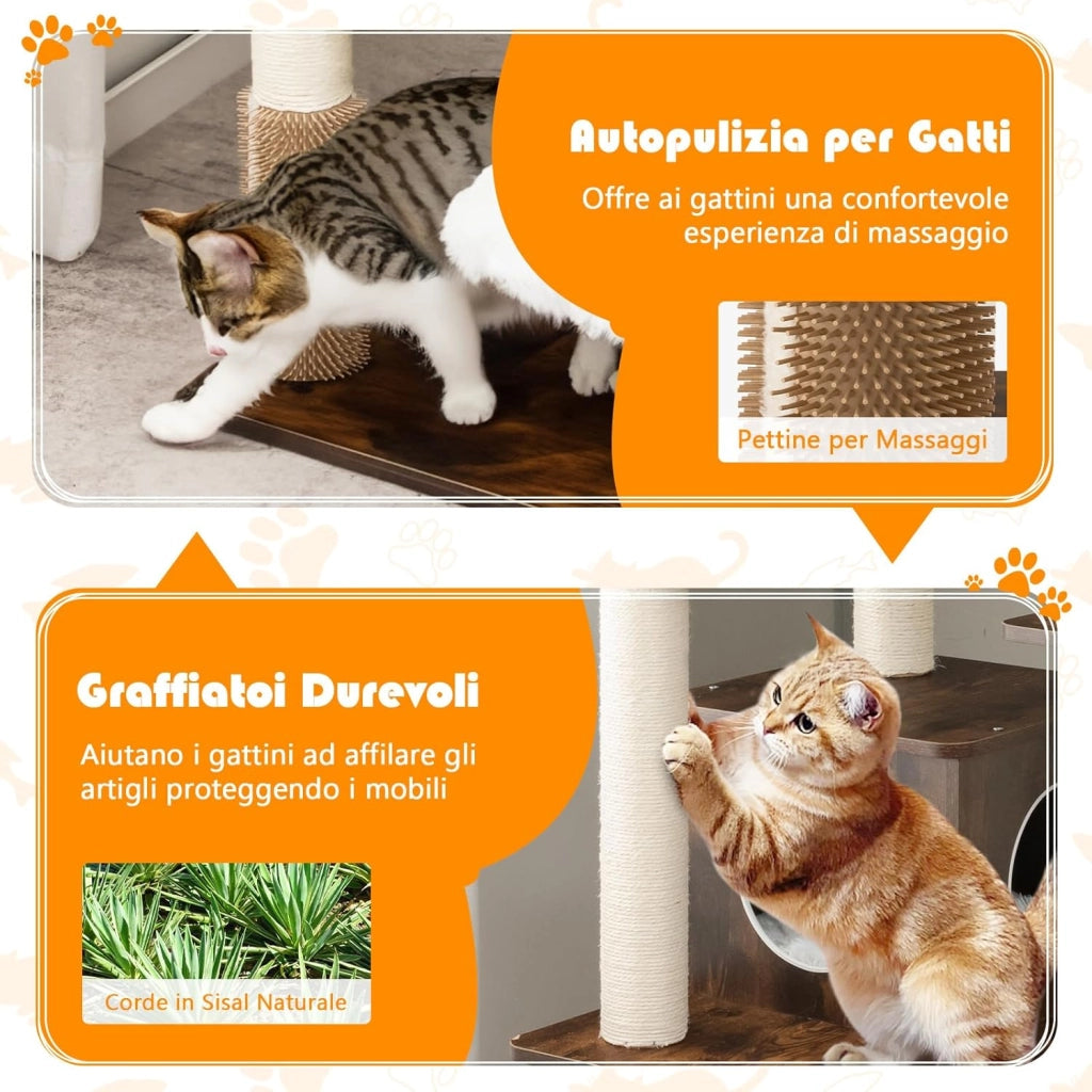 Tiragraffi per Gatti Adulti, Tiragraffi per Gatti con Cuccia, Piattaforma, Cuscini e Tiragraffi, Albero Tiragraffi per Gatti Grandi Alto in Legno, 60 x 60 x 160 cm