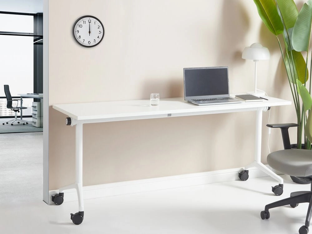 Scrivania rettangolare pieghevole con rotelle portatile con struttura in metallo bianco 180 x 60 cm stile moderno