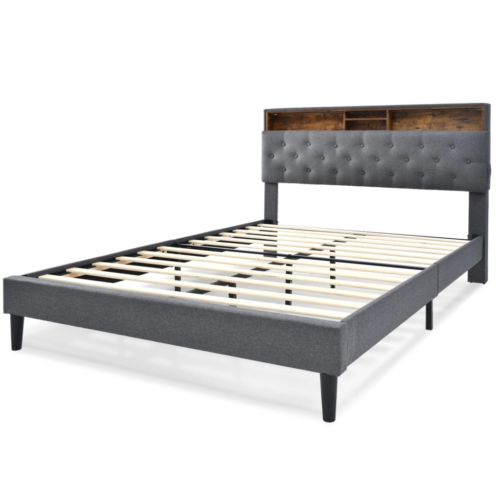 Letto matrimoniale imbottito con testiera contenitore e LED; 140x200 cm; grigio
