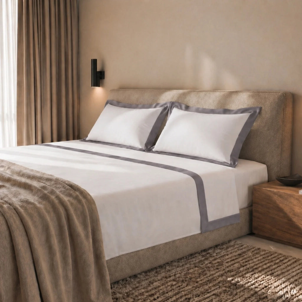 Set Lenzuola Letto Una Piazza e Mezza 100% Cotone | Lenzuolo Piano 190x295 cm, Lenzuolo con Angoli 130x200 cm e 1 Federa Coordinata | Lenzuola con Balza Decorativa in Raso Grigio Scuro