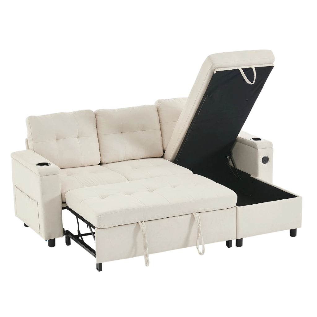 Divano angolare convertibile con funzione letto; contenitore; LED; USB e portabicchieri in tessuto beige
