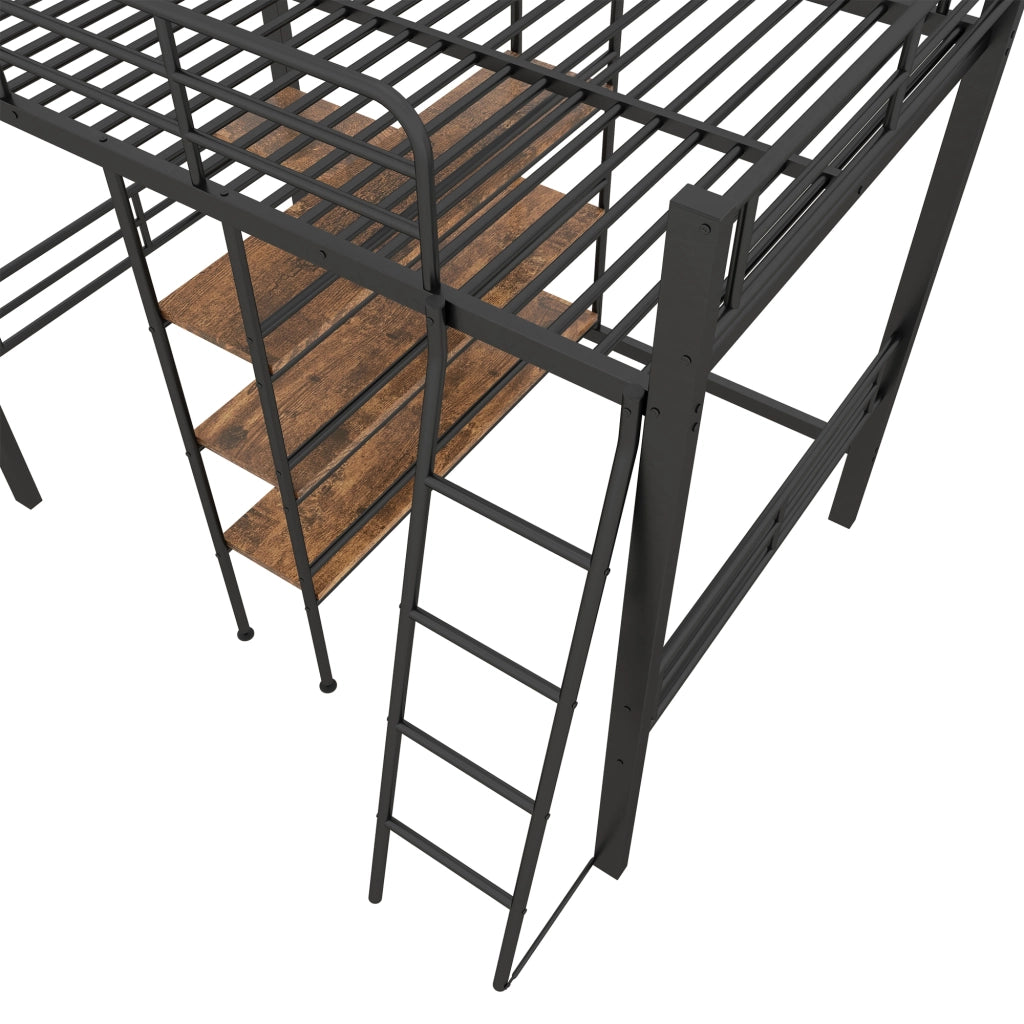 Letto a Soppalco Letto Singolo con Scrivania; Scaffali; Scala e Sponde 90 × 200 cm; senza Materasso; Nero