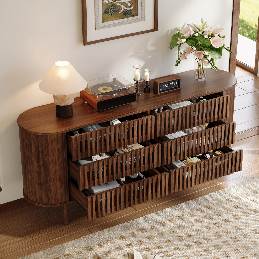 Credenza 160x40x70 cm con 6 cassetti in MDF noce