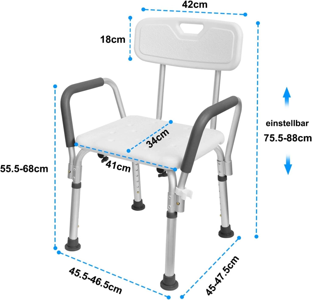 Sgabello da doccia per anziani, altezza regolabile, moderno, in alluminio, 136 kg, con schienale e braccioli