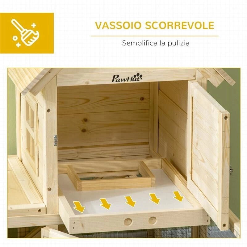 CONIGLIERA PER INTERNO IN LEGNO D'ABETE CON VASSOIO ESTRAIBILE, 3 PORTE E AREA ESTERNA, 151.5X106X97 CM