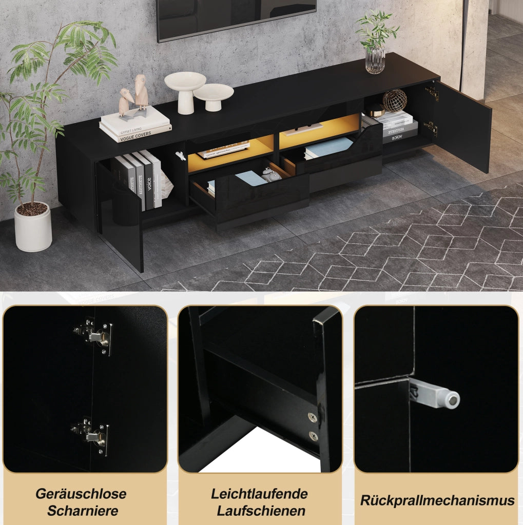 Mobile TV nero con LED, 2 cassetti e ante, 180x40x45 cm