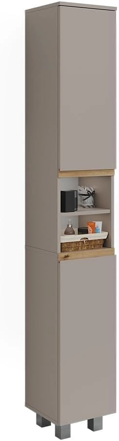 Armadio per il bagno J-Shape, Cashmere/Artigianale, 30.2 x 190 cm con 2 porte, per la conservazione di articoli da bagno e prodotti per l'igiene