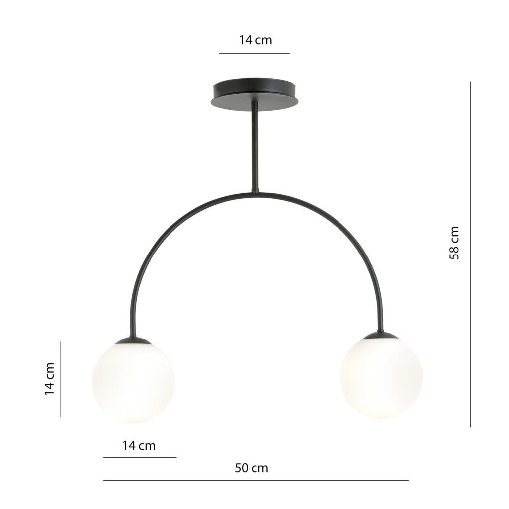 Plafoniera Moderna Utu 2 Luci In Acciaio Nero E Vetro Bianco