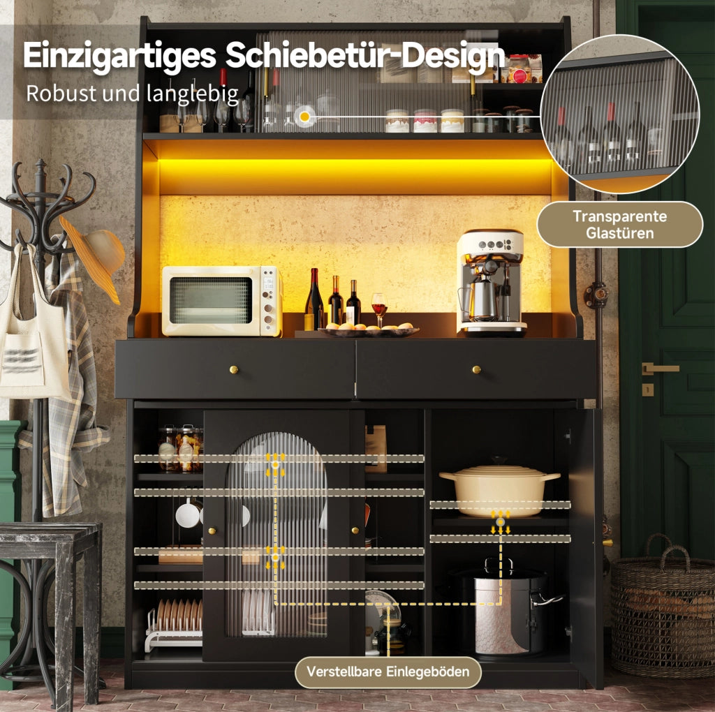 Credenza alta con LED e ante scorrevoli in vetro, nera