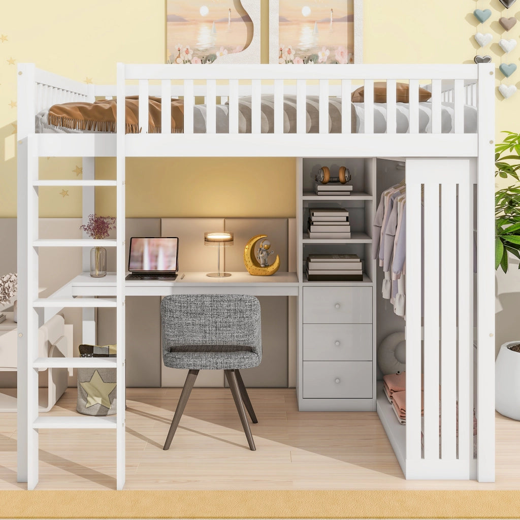 OKWISH Letto a soppalco 140×200 cm, Letto Matrimoniale con Scrivania, Armadio, 3 Cassetti, Vano a Vista e Scala, senza Materasso, Bianco
