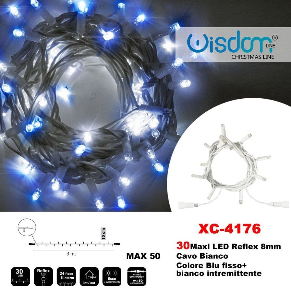 Trade Shop - Catena Luminosa 30 Luci Led Lucciole Blu Fisso + Bianco Intermittente Xc-4176 -