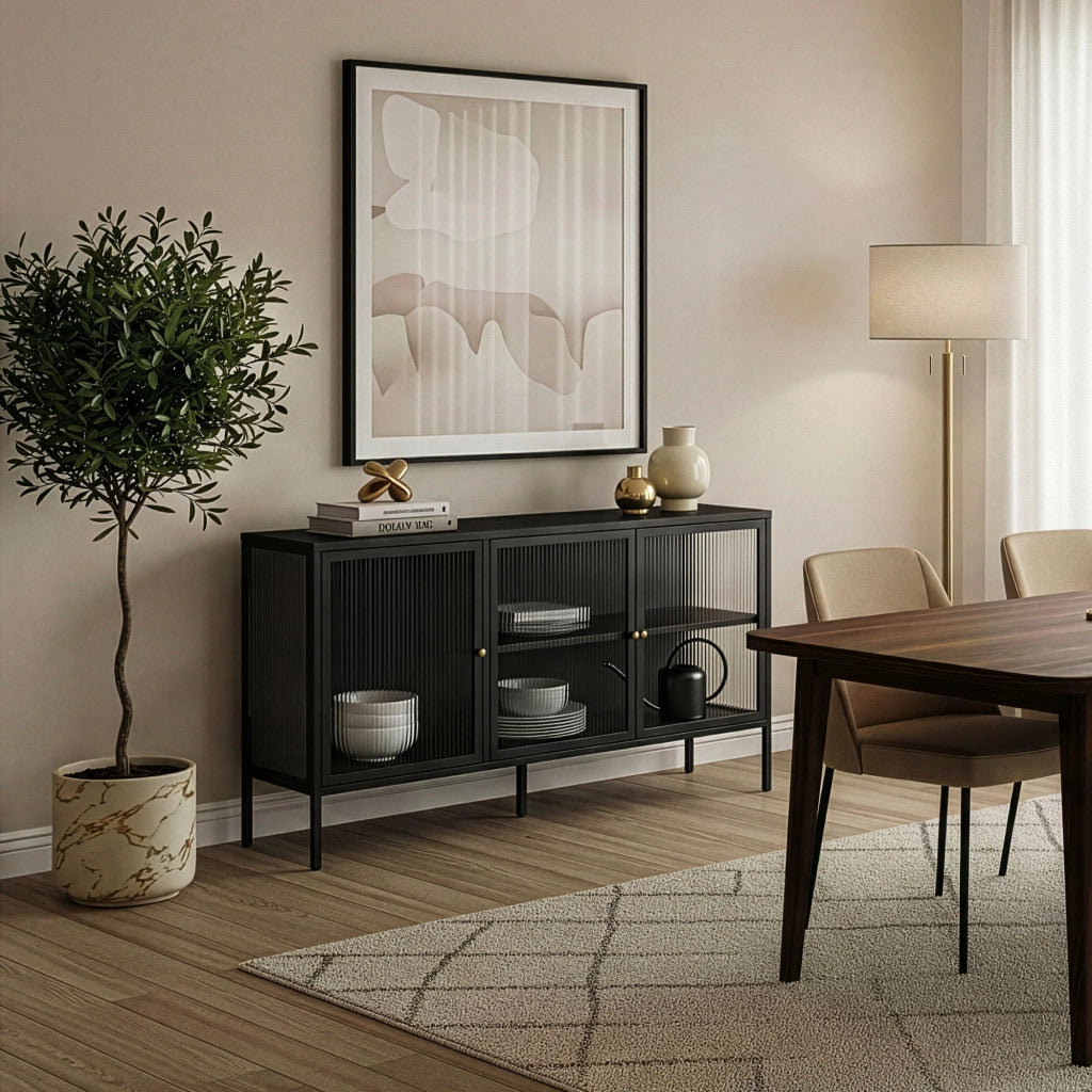 Mobile TV Vinterhavn Credenza in Acciaio Nero con 3 Ante in Vetro Scanalato 80x150x40 cm [en.casa]