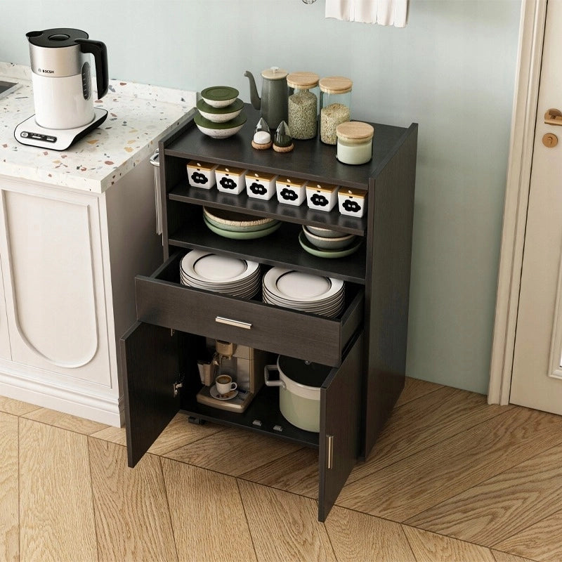 Mobile da cucina su ruote, carrello moderno, tavolo-scaffale su ruote, stile loft, nero