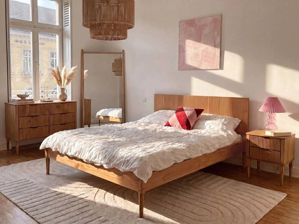 Letto matrimoniale in legno con base a doghe piane e testiera in legno marrone chiaro 120 x 200 cm stile scandinavo naturale
