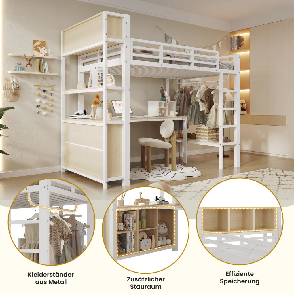 Letto a soppalco 90x200 cm con scrivania e scaffali